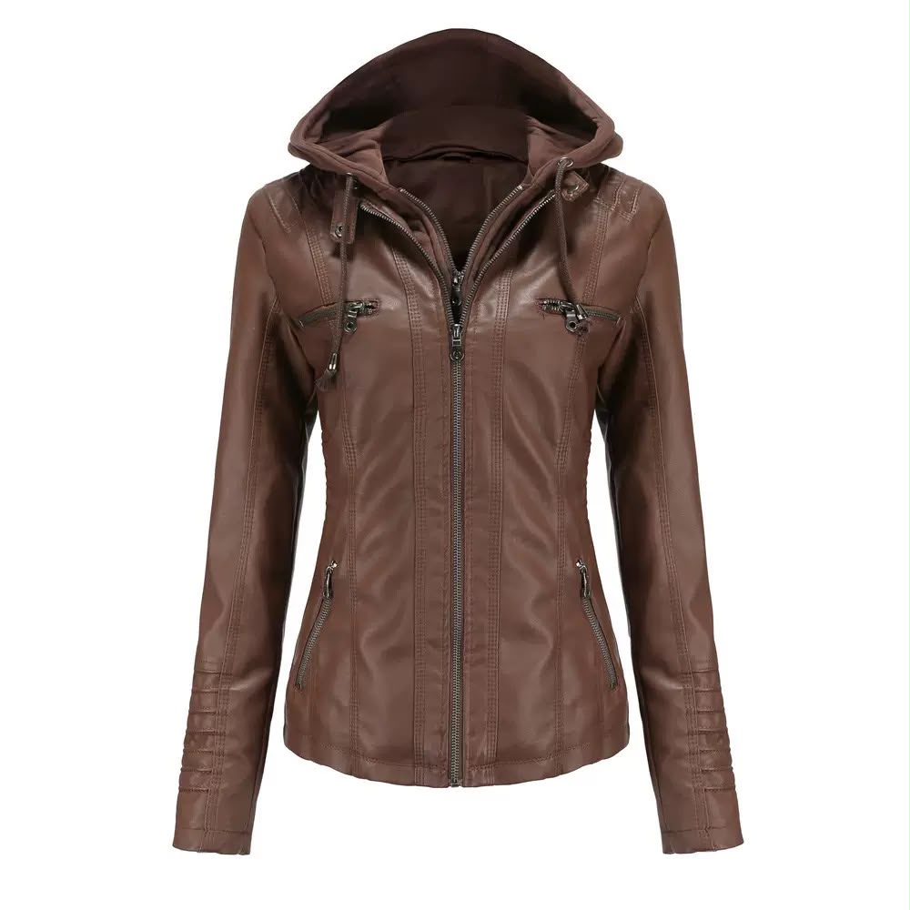 Women's Hooded Faux Leather Moto Jacket in Various Colours