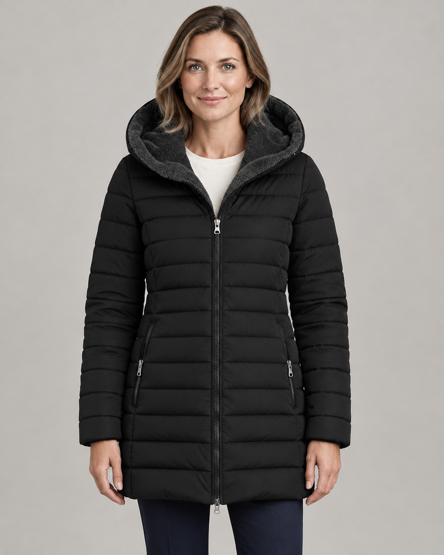 Women's Hooded Fleece-Lined Puffer Jacket with Long Sleeves