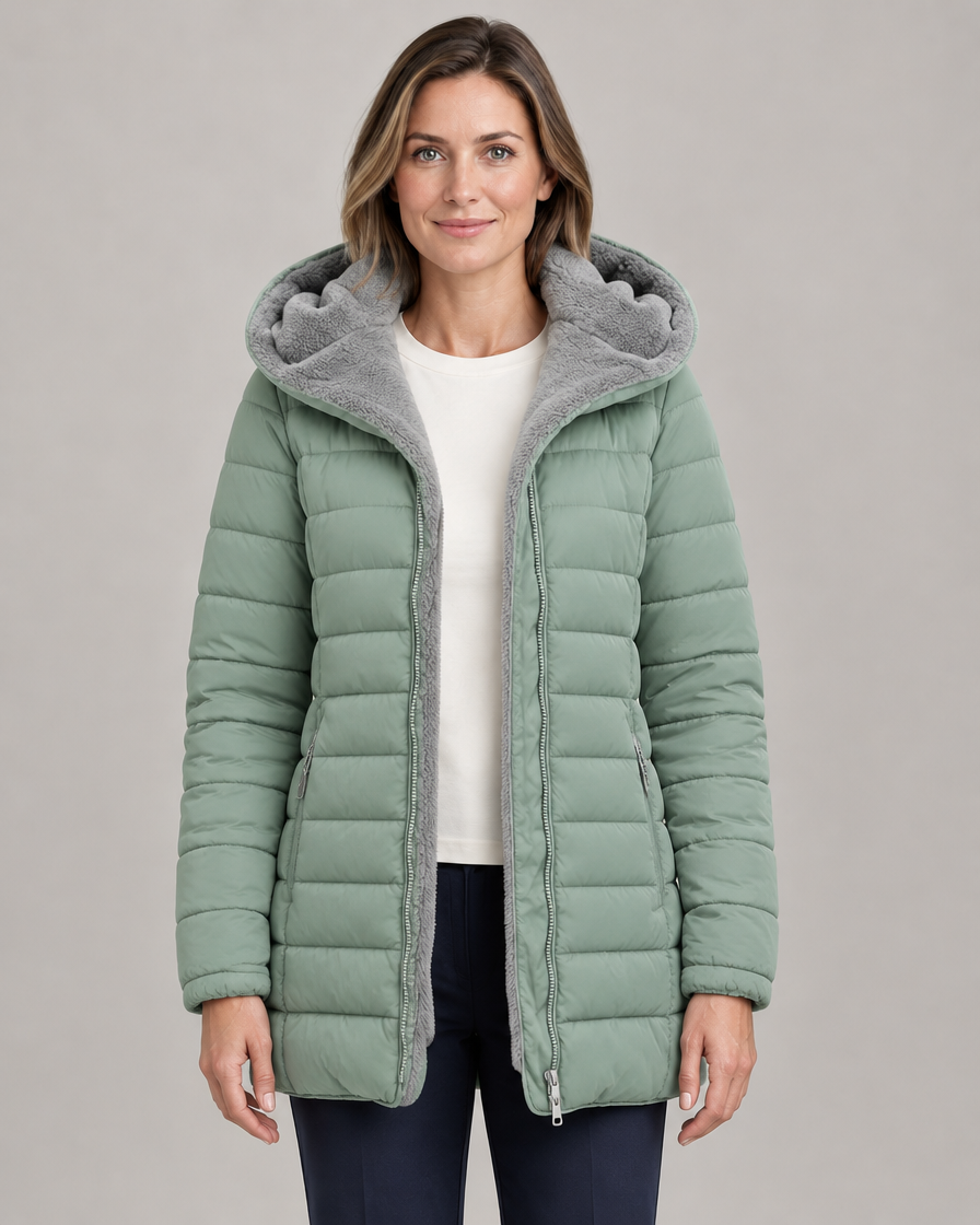 Women's Hooded Fleece-Lined Puffer Jacket with Long Sleeves