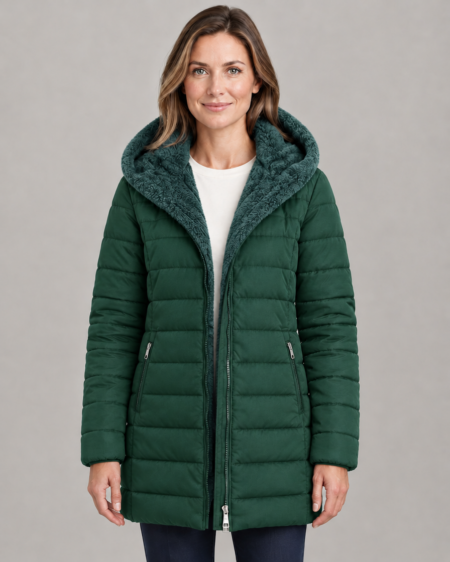 Women's Hooded Fleece-Lined Puffer Jacket with Long Sleeves