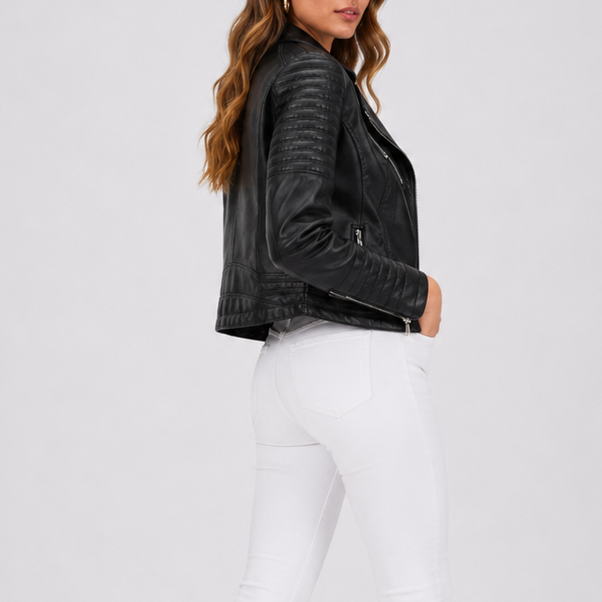 Women Leather Biker Jacket with Asymmetrical Zip Closure
