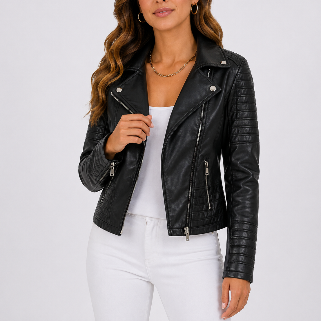 Women Leather Biker Jacket with Asymmetrical Zip Closure