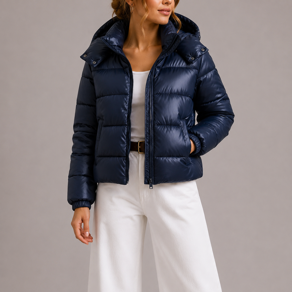 Women's Lightweight Hooded Puffer Jacket with Glossy Finish