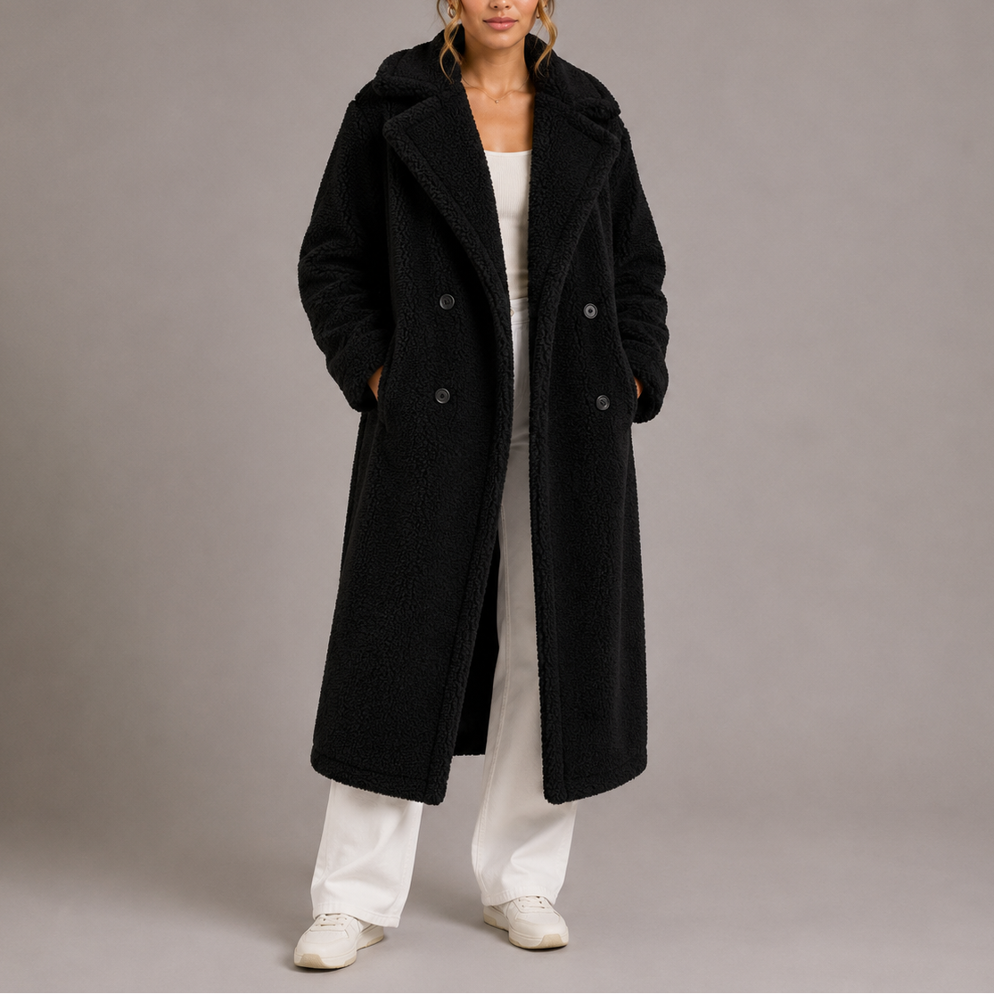 Women's Long Double-Breasted Teddy Faux Fur Winter Coat