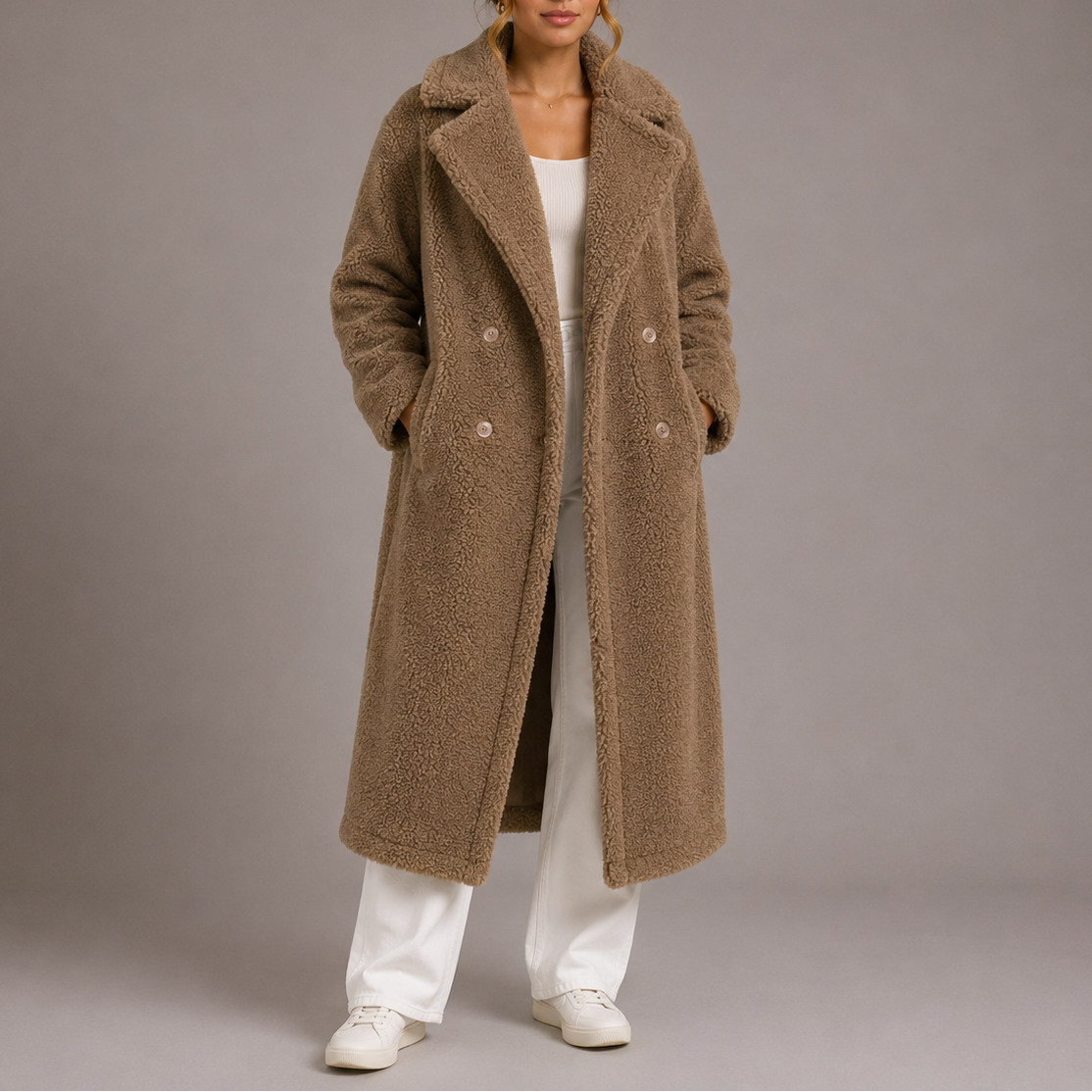 Women's Long Double-Breasted Teddy Faux Fur Winter Coat