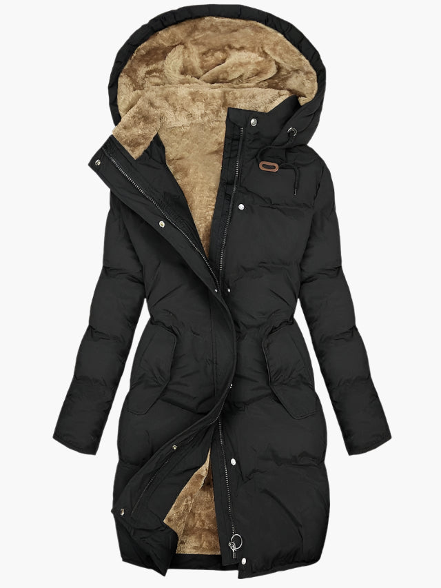 Women's Long Winter Coat with Faux-Fur-Trimmed Hood