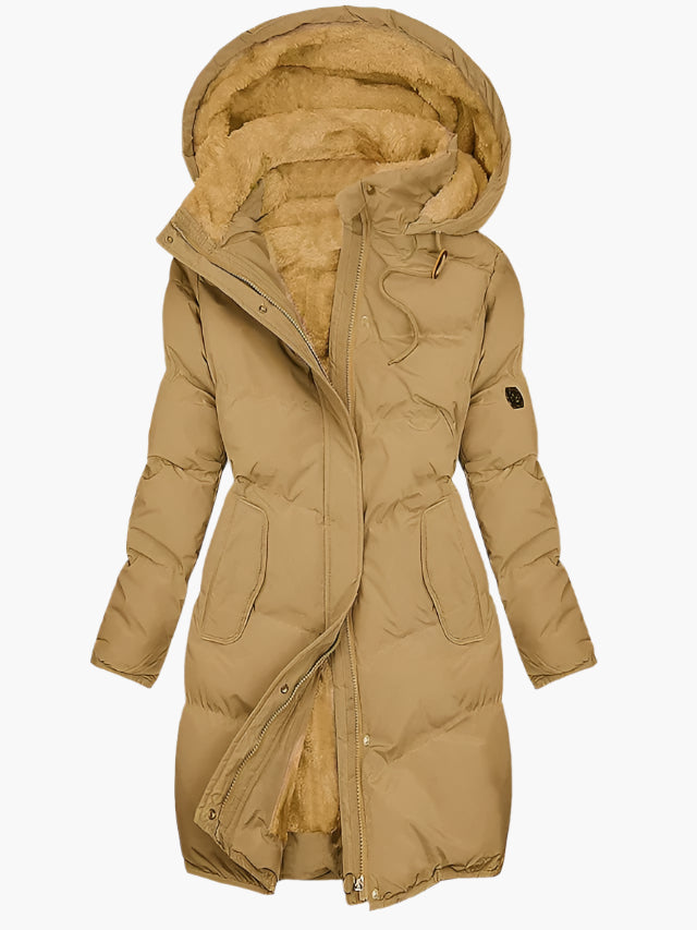 Women's Long Winter Coat with Faux-Fur-Trimmed Hood