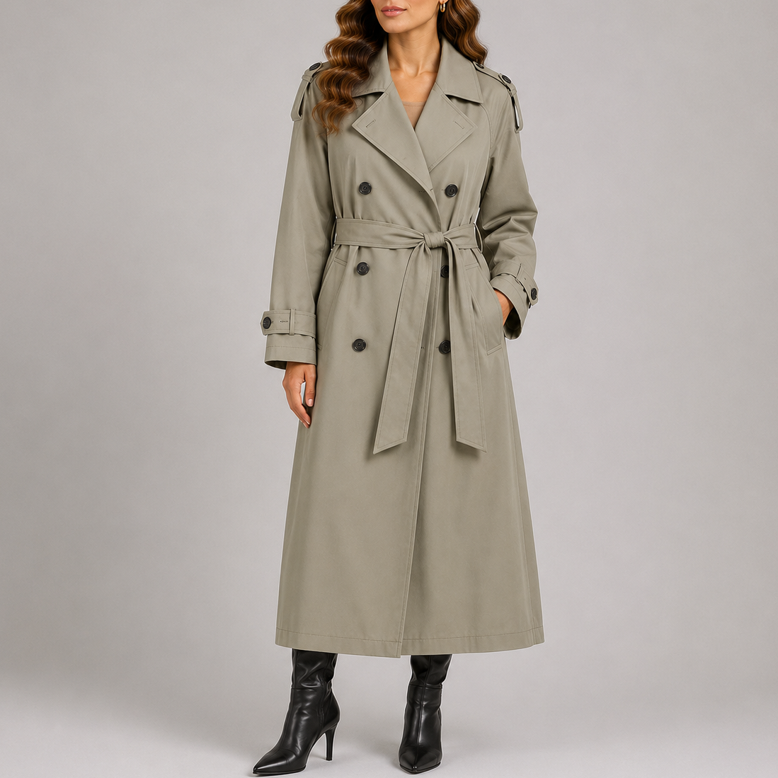 Women's Longline Classic Trench Coat with Structured Lapel