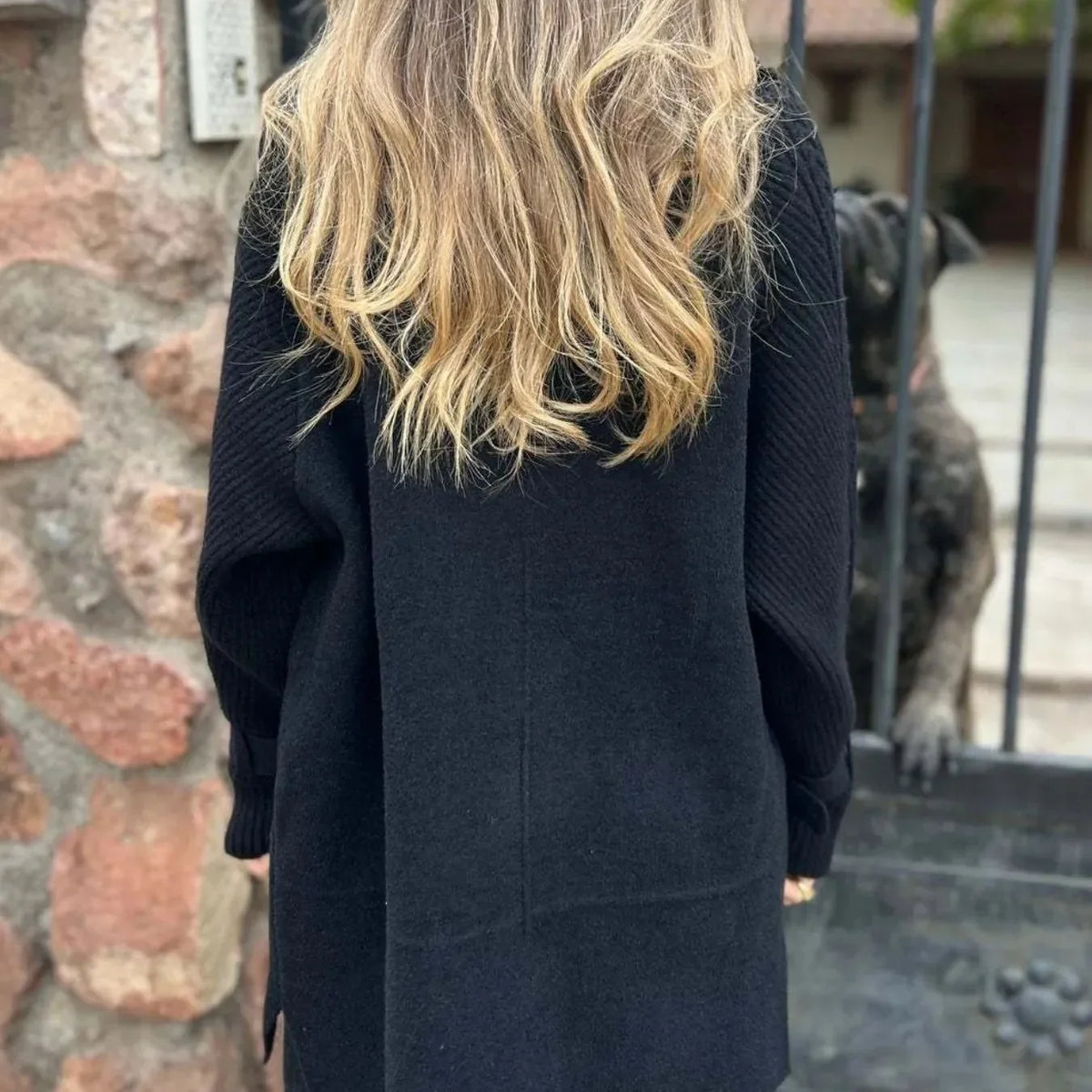 Women's Longline Double-Breasted Coat with Knit Sleeves