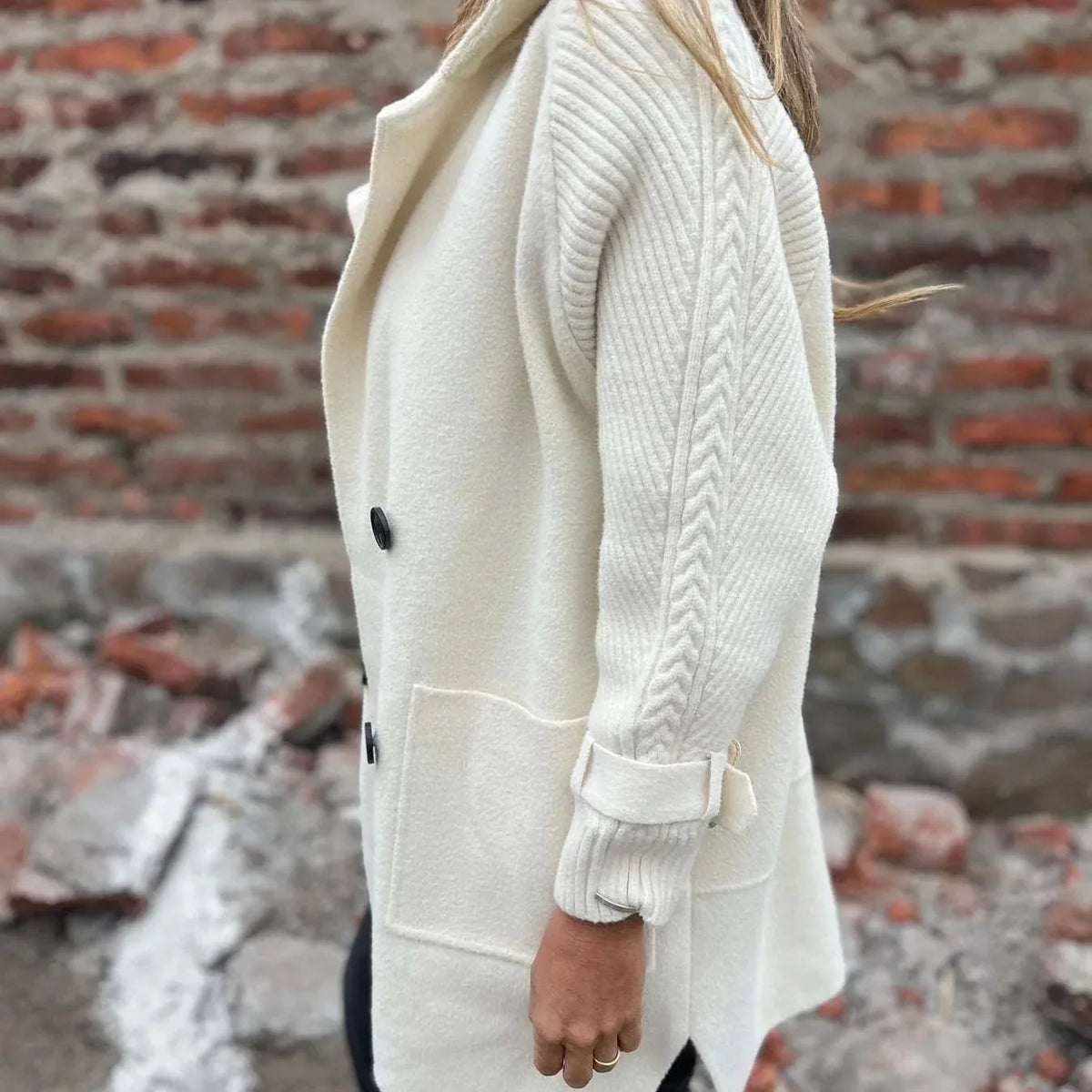 Women's Longline Double-Breasted Coat with Knit Sleeves
