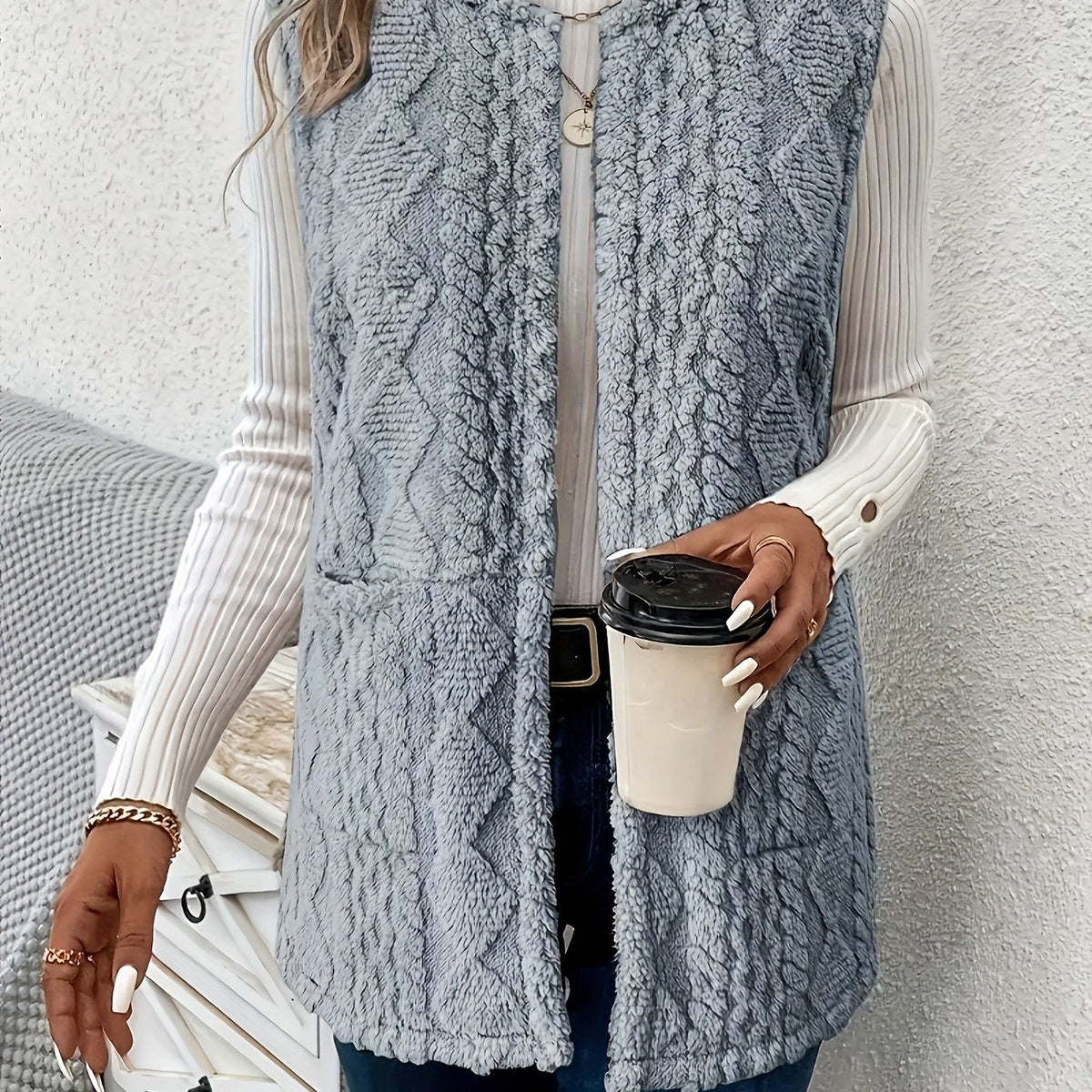 Women's Longline Sleeveless Vest with Textured Fabric and Pockets