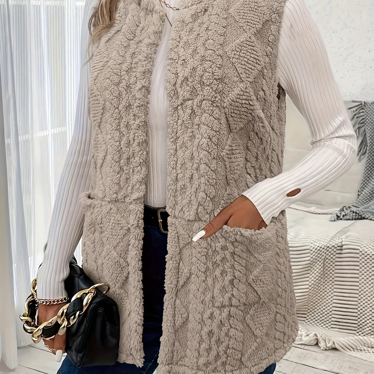 Women's Longline Sleeveless Vest with Textured Fabric and Pockets