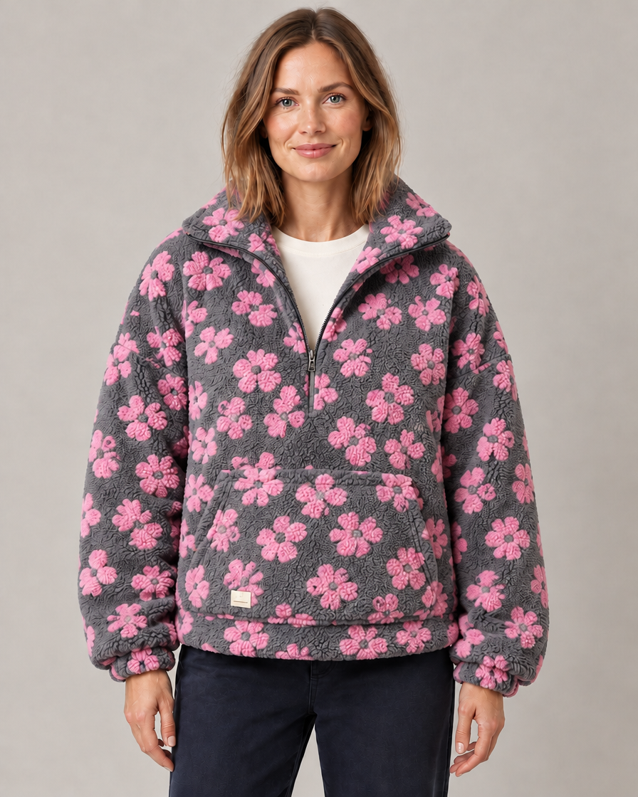 Women's Oversized Floral Teddy Fleece Jacket with Half Zip