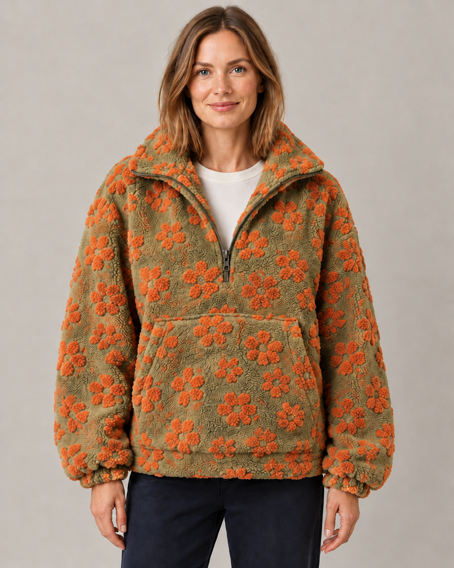 Women's Oversized Floral Teddy Fleece Jacket with Half Zip