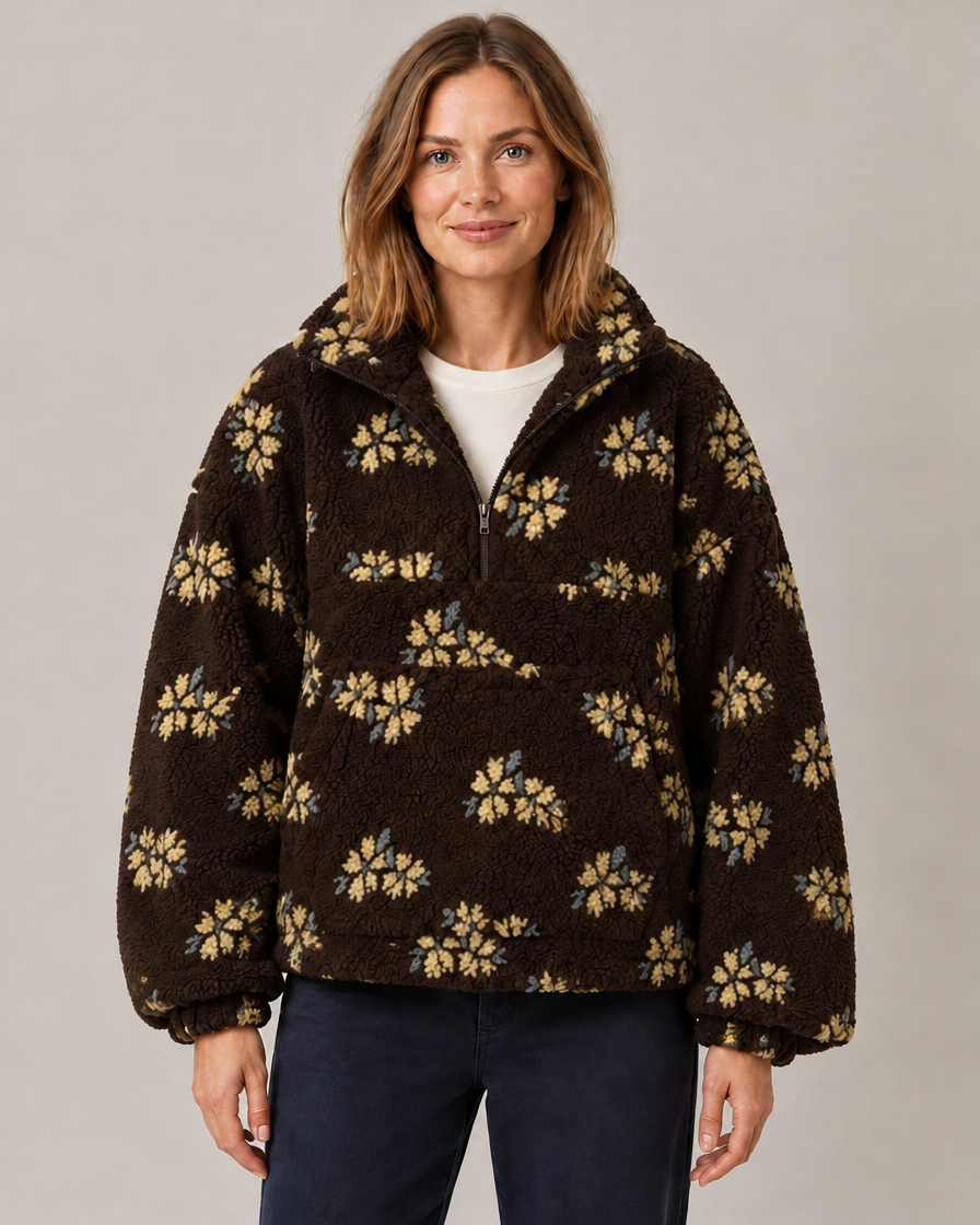 Women's Oversized Floral Teddy Fleece Jacket with Half Zip