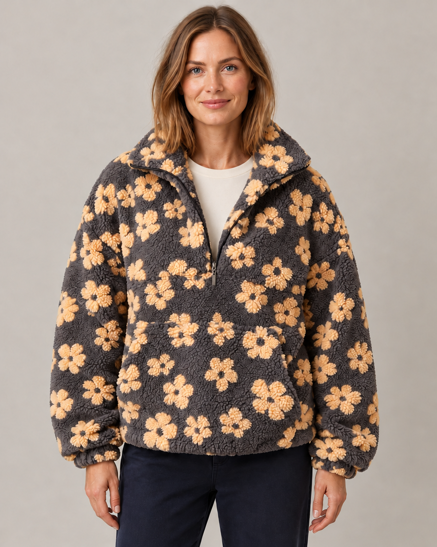 Women's Oversized Floral Teddy Fleece Jacket with Half Zip