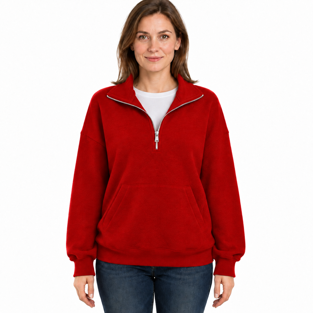 Women's Oversized Half Zip Jumper with Collar and Kangaroo Pocket