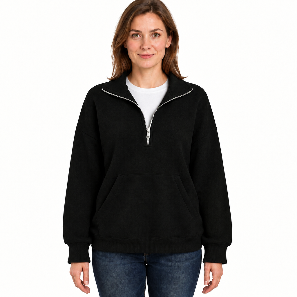 Women's Oversized Half Zip Jumper with Collar and Kangaroo Pocket