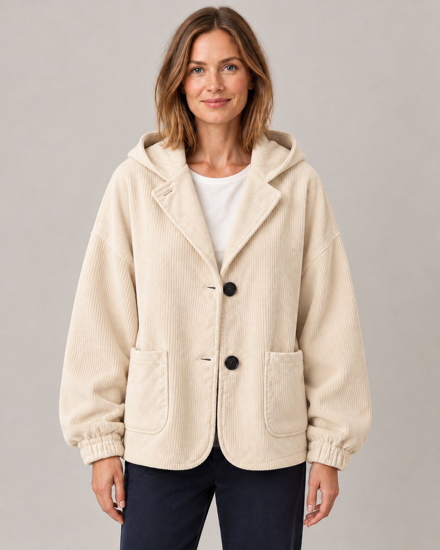 Women's Oversized Hooded Corduroy Jacket with Patch Pockets