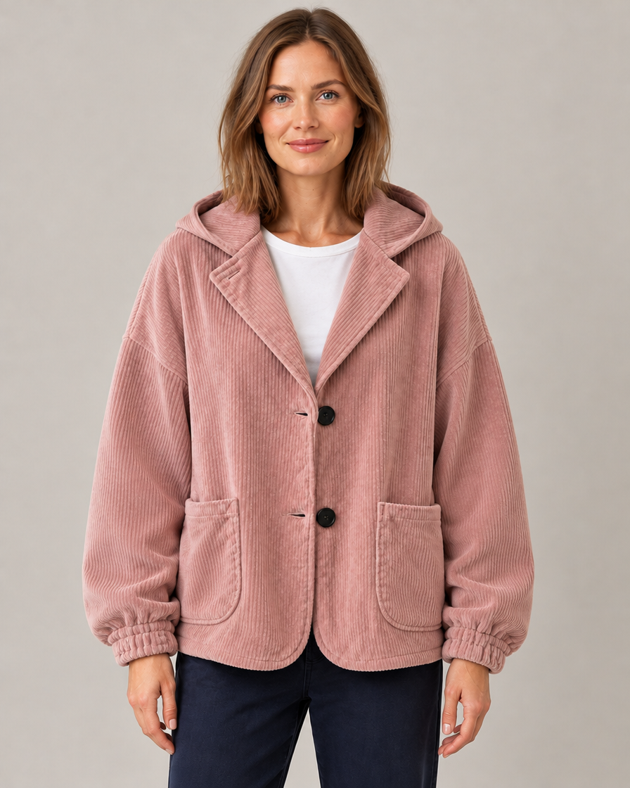 Women's Oversized Hooded Corduroy Jacket with Patch Pockets