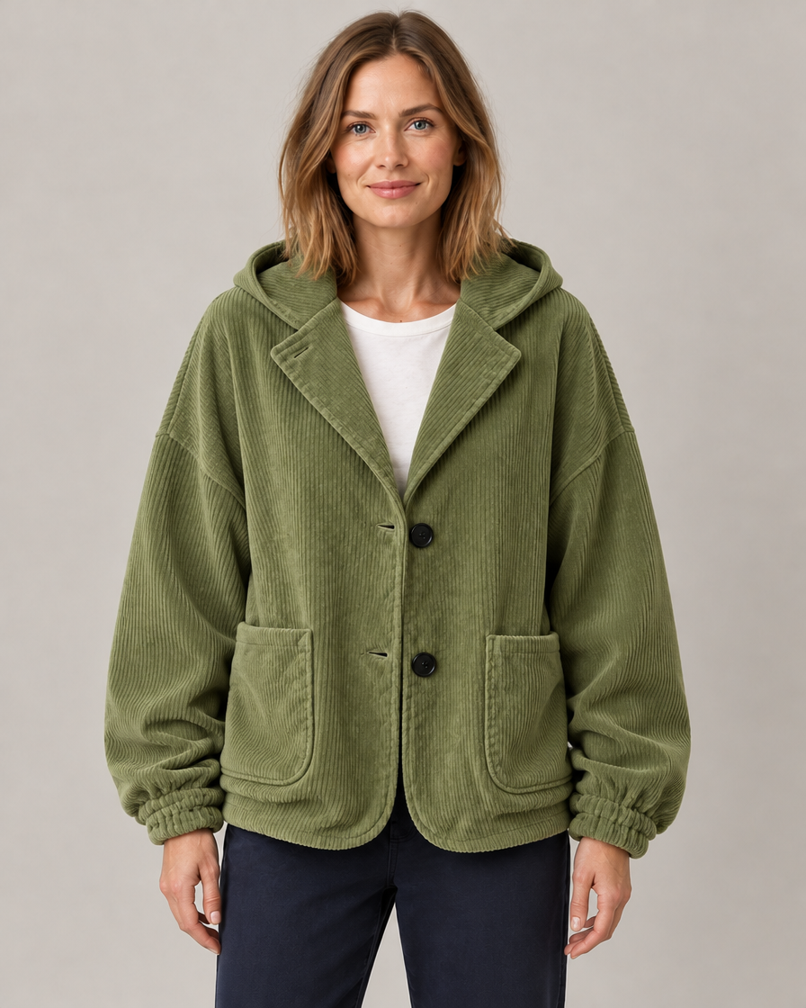 Women's Oversized Hooded Corduroy Jacket with Patch Pockets