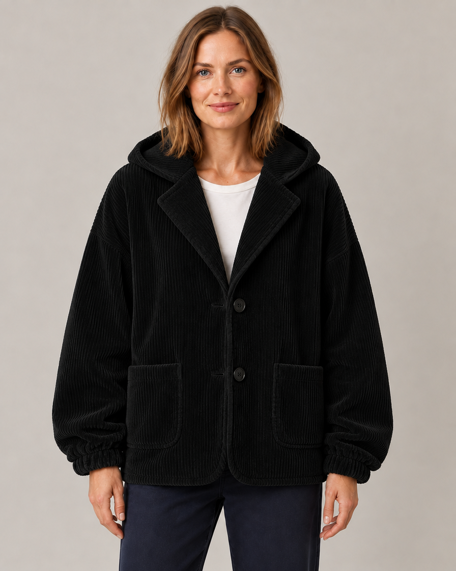 Women's Oversized Hooded Corduroy Jacket with Patch Pockets