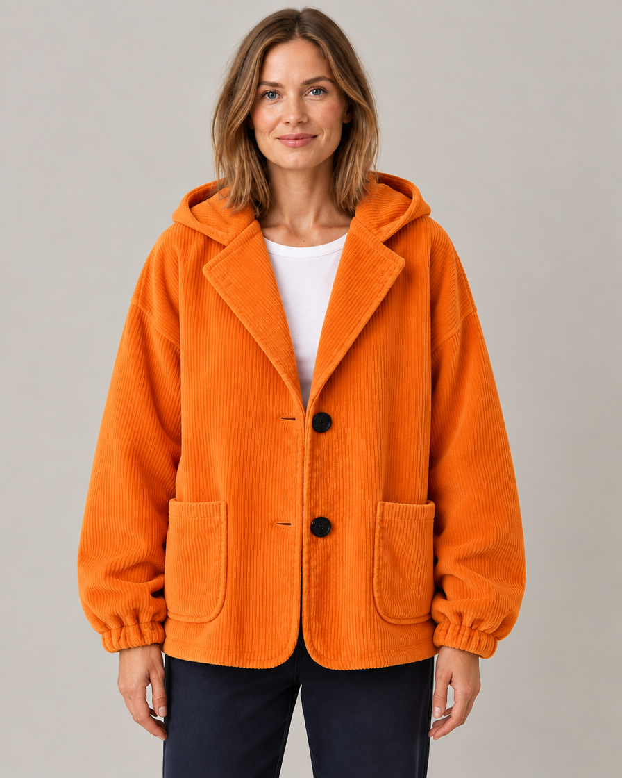 Women's Oversized Hooded Corduroy Jacket with Patch Pockets