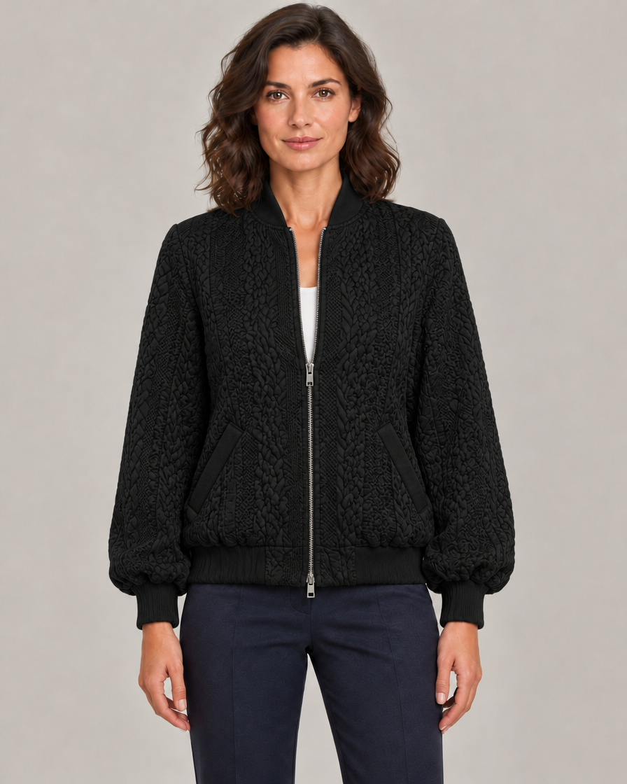 Women's Oversized Jacquard Bomber Jacket with Zip-Through Front