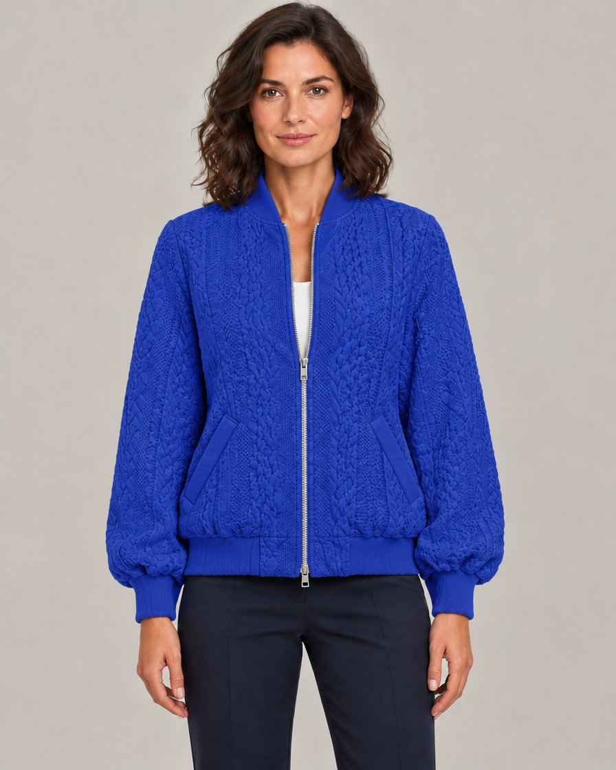 Women's Oversized Jacquard Bomber Jacket with Zip-Through Front