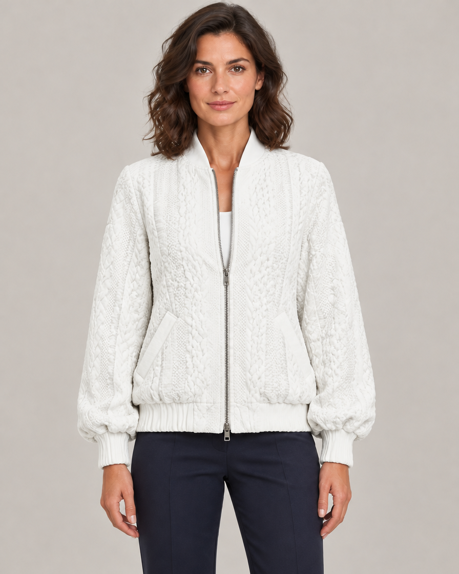 Women's Oversized Jacquard Bomber Jacket with Zip-Through Front