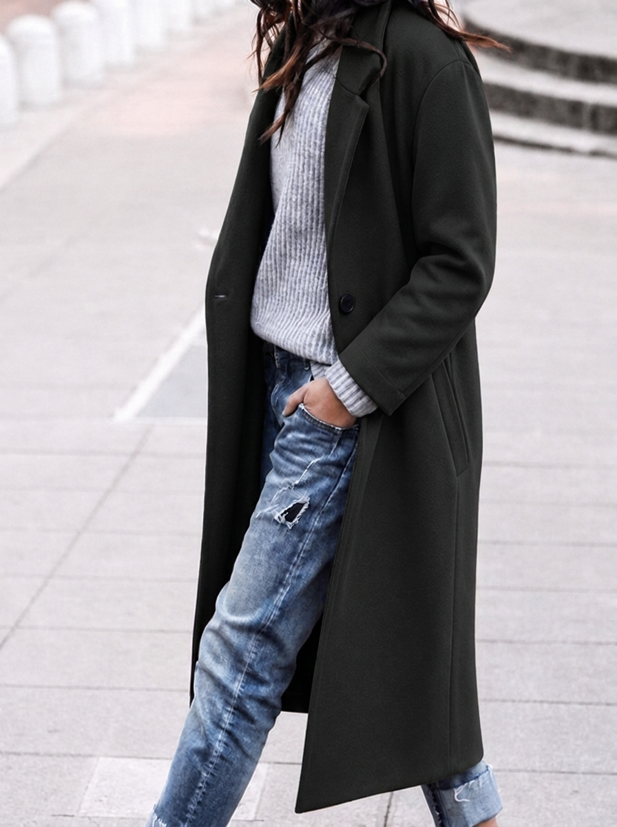 Women's Oversized Longline Wool-Blend Coat with Wide Notched Lapel