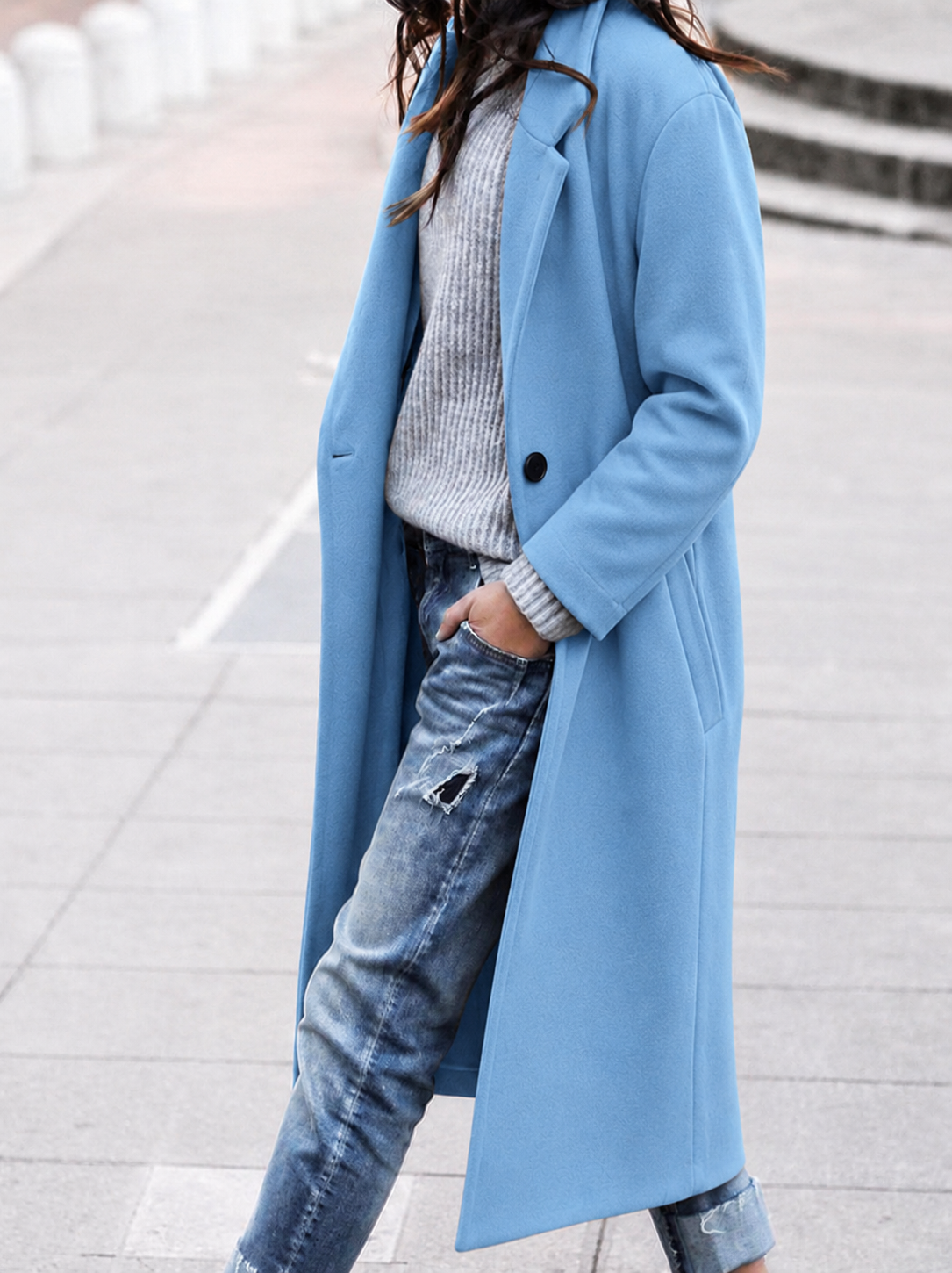 Women's Oversized Longline Wool-Blend Coat with Wide Notched Lapel