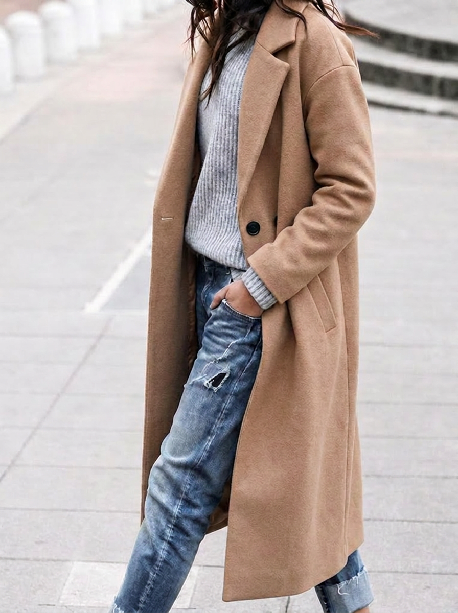 Women's Oversized Longline Wool-Blend Coat with Wide Notched Lapel