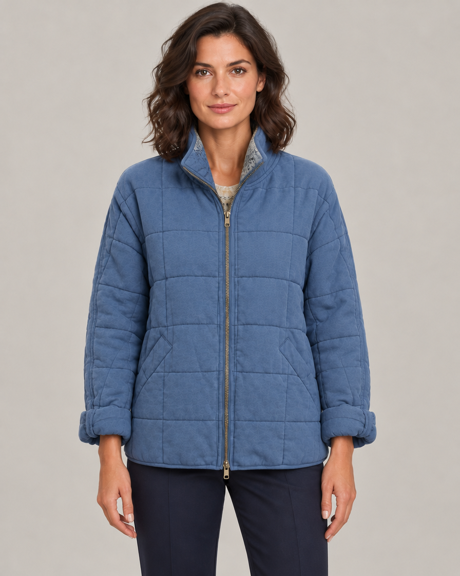 Women's Oversized Quilted Zip-Up Jacket with Stand Collar