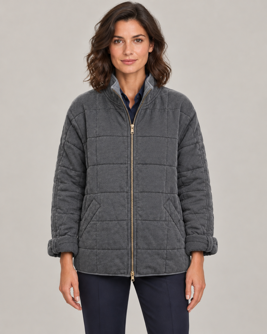 Women's Oversized Quilted Zip-Up Jacket with Stand Collar