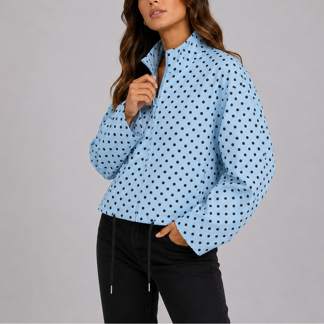 Women's Polka Dot Bomber Jacket with Zip-Up Front