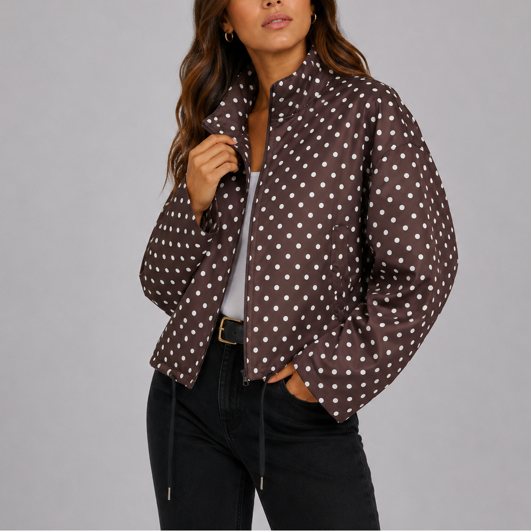 Women's Polka Dot Bomber Jacket with Zip-Up Front