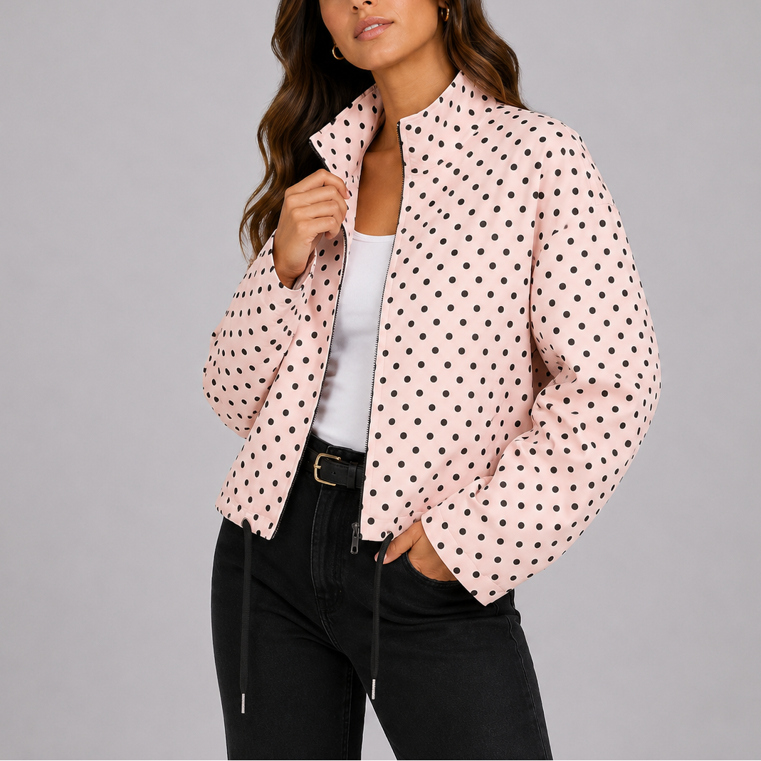 Women's Polka Dot Bomber Jacket with Zip-Up Front