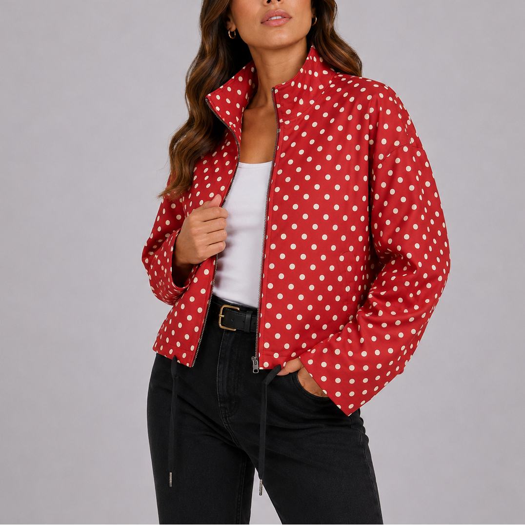 Women's Polka Dot Bomber Jacket with Zip-Up Front