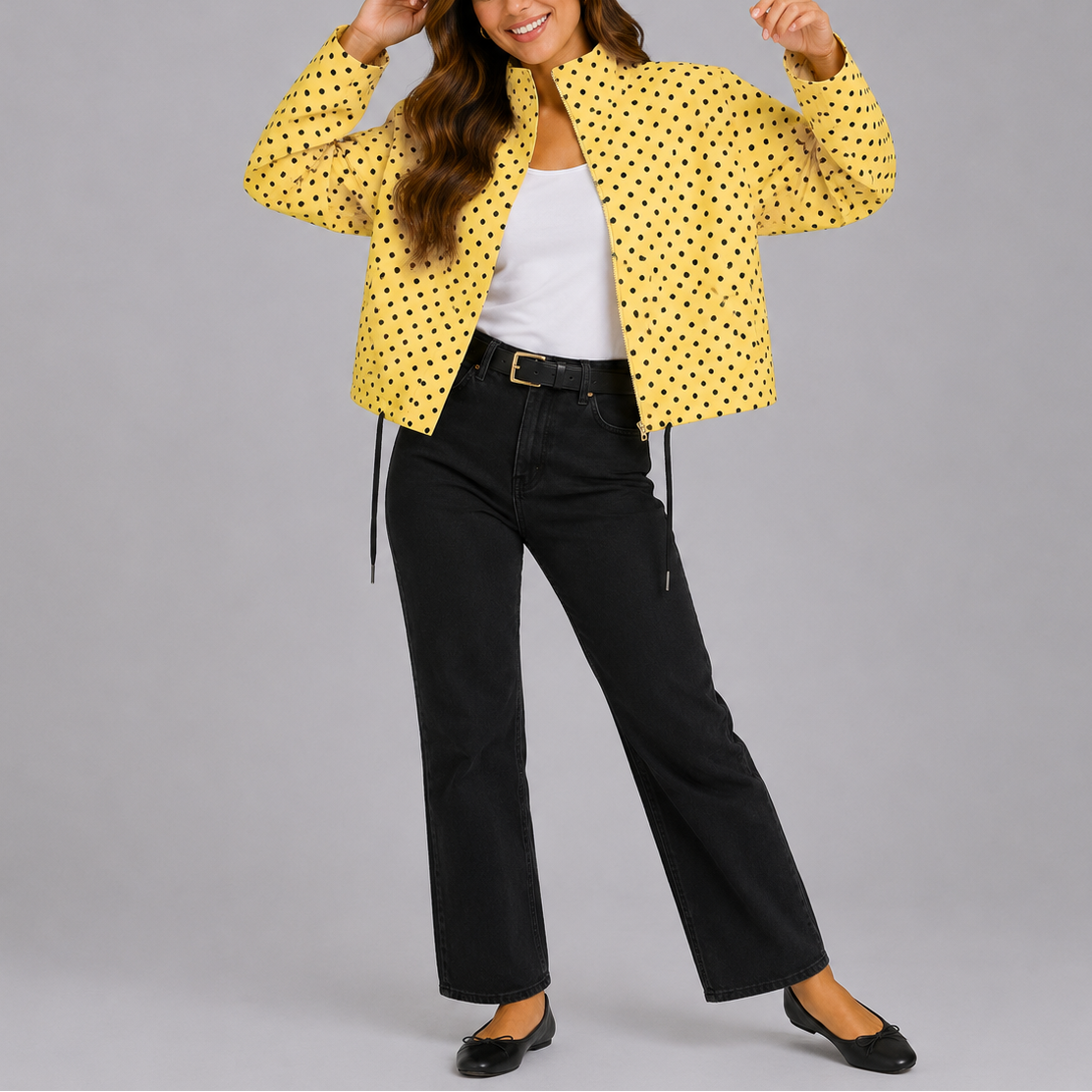 Women's Polka Dot Bomber Jacket with Zip-Up Front