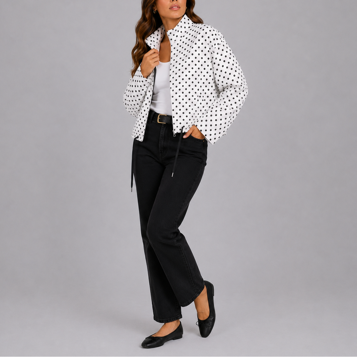 Women's Polka Dot Bomber Jacket with Zip-Up Front