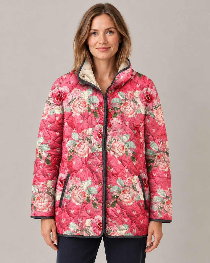 Women's Quilted Long Jacket with Snap-Button Closure