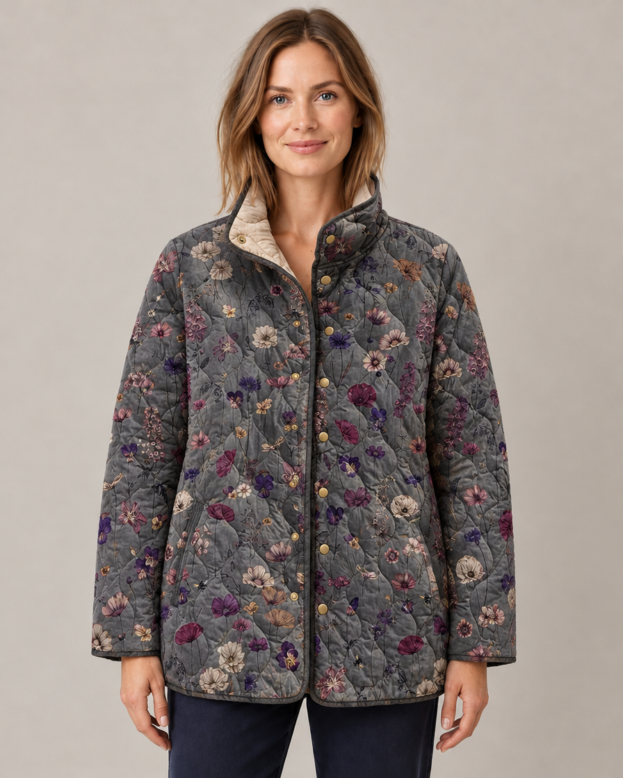 Women's Quilted Long Jacket with Snap-Button Closure