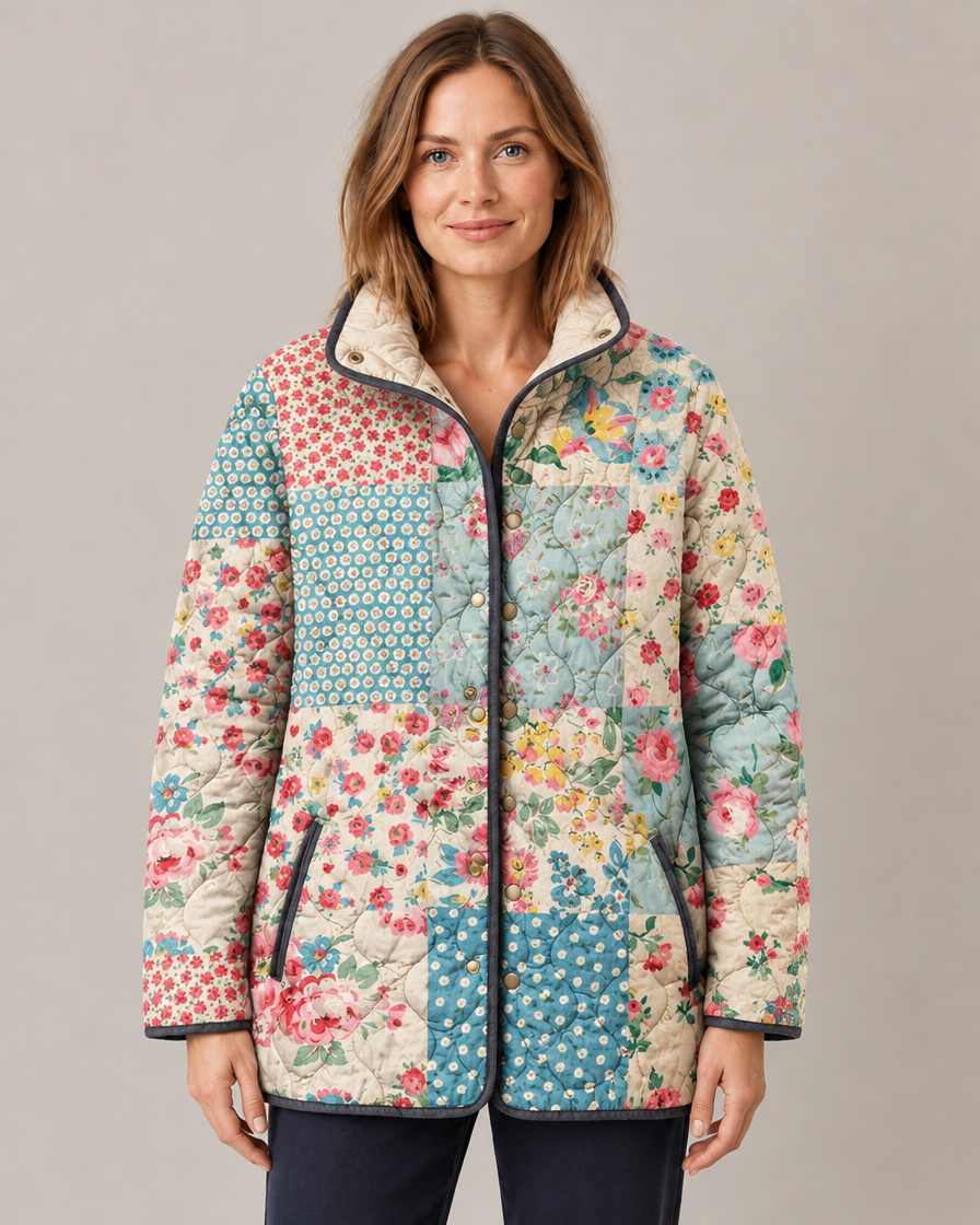 Women's Quilted Long Jacket with Snap-Button Closure
