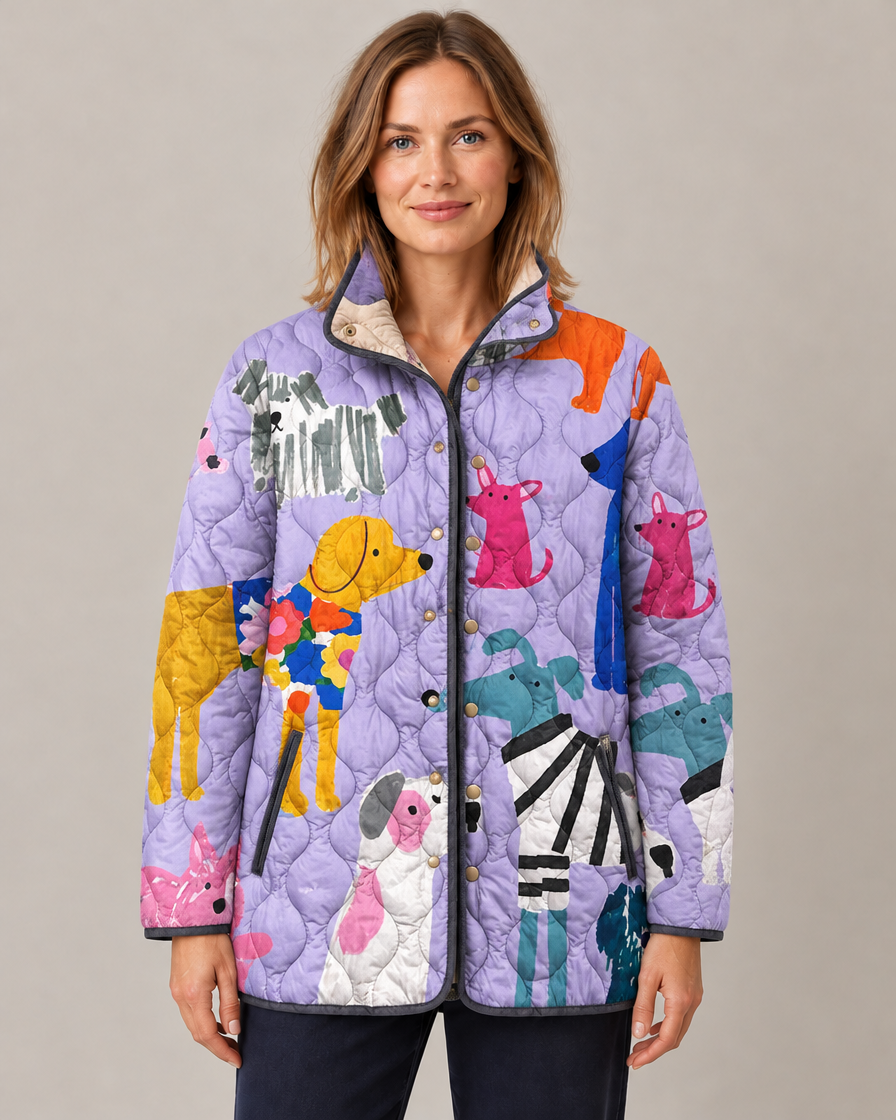Women's Quilted Long Jacket with Snap-Button Closure