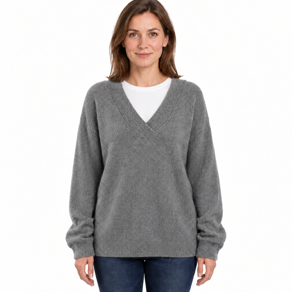 Women's Relaxed Fit Knit Jumper with Deep V-Neckline