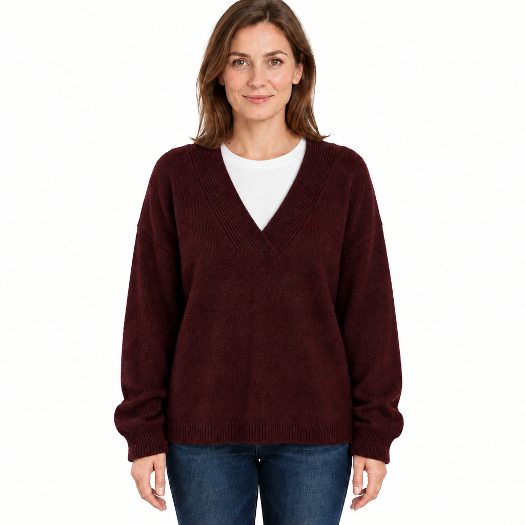 Women's Relaxed Fit Knit Jumper with Deep V-Neckline