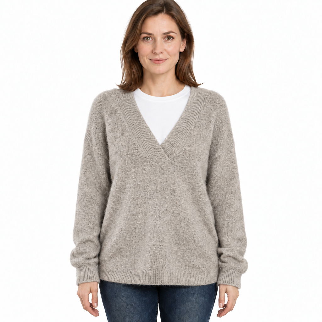 Women's Relaxed Fit Knit Jumper with Deep V-Neckline