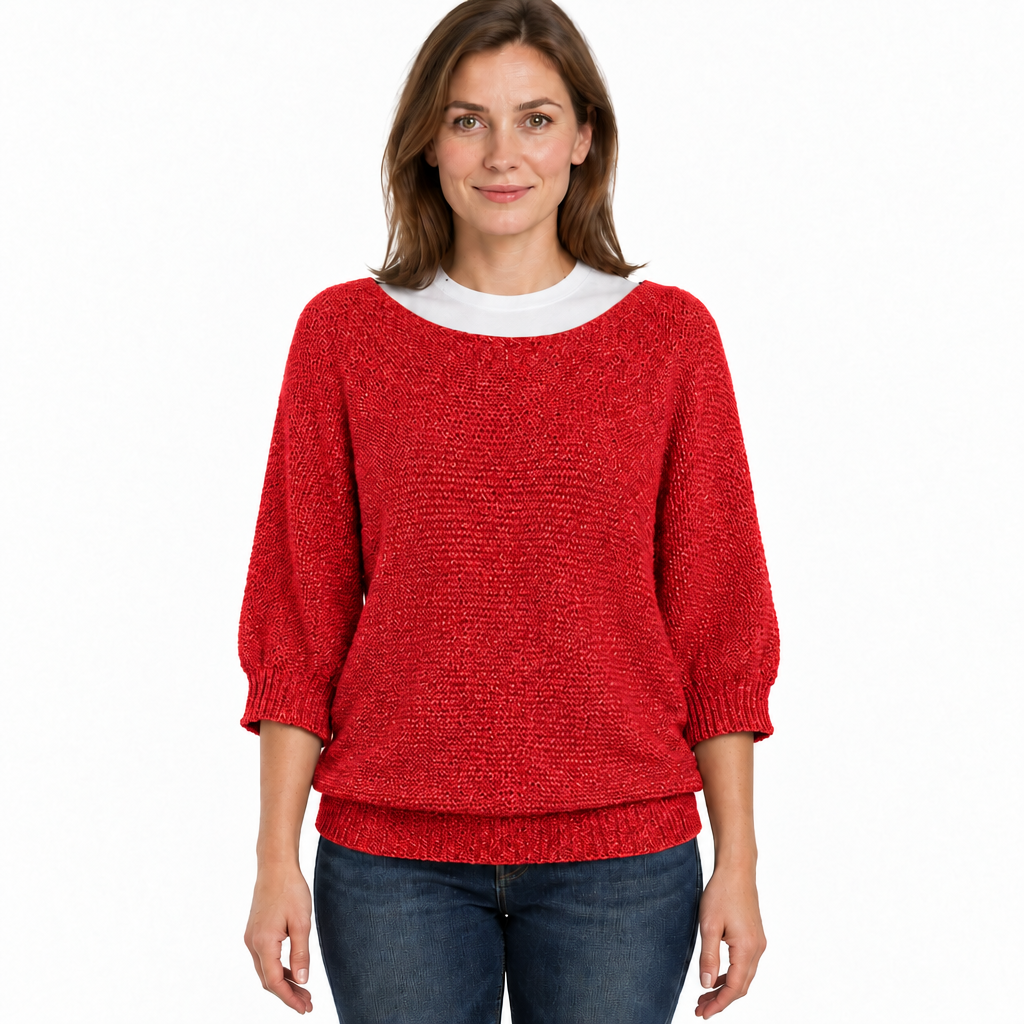 Women's Relaxed Knit Jumper with Wide Sleeves and Round Neck