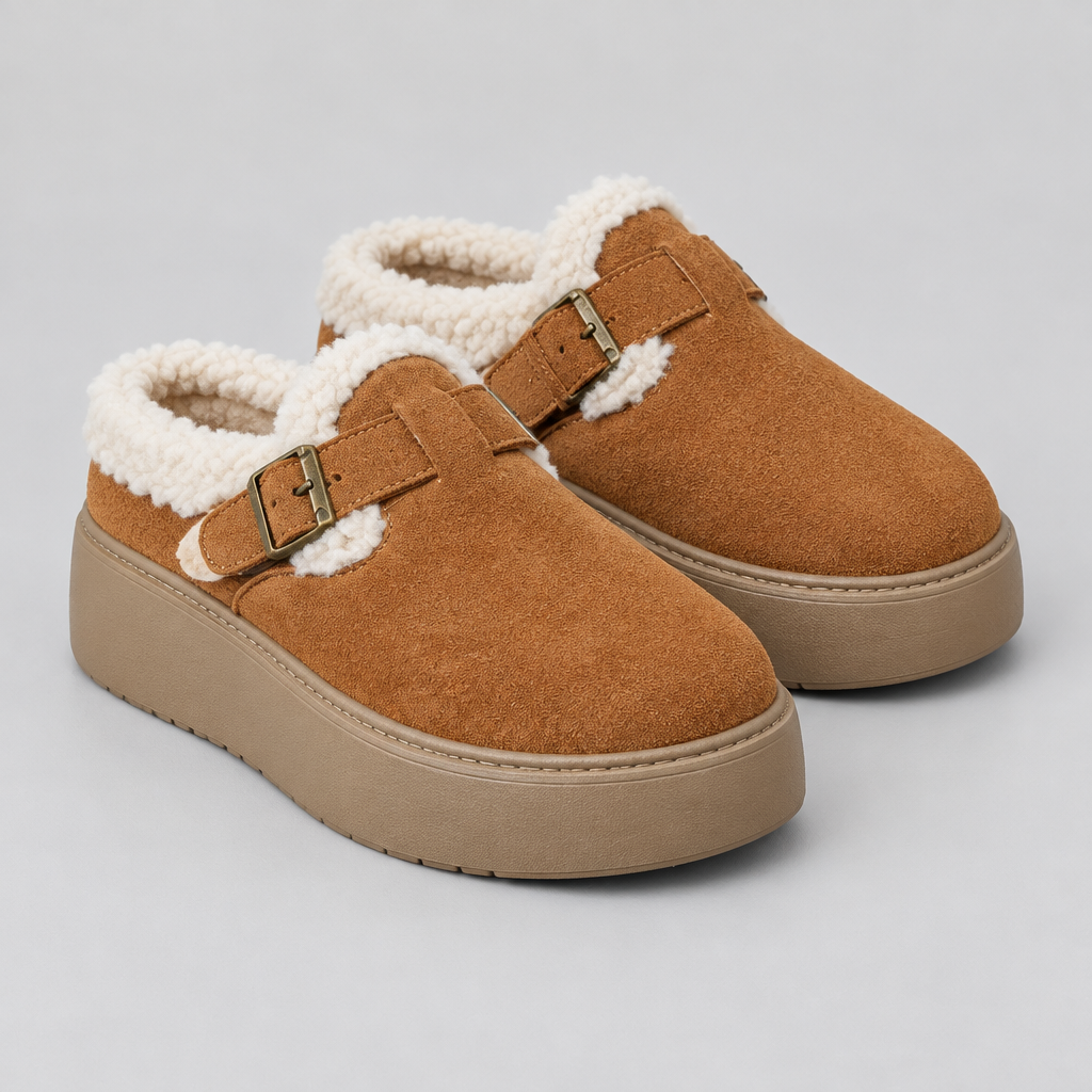 Women's suede fleece-lined platform buckle-strap shoes